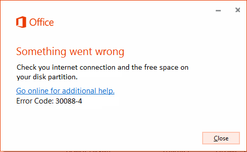 Error code 30088-4 for Microsoft Office Support